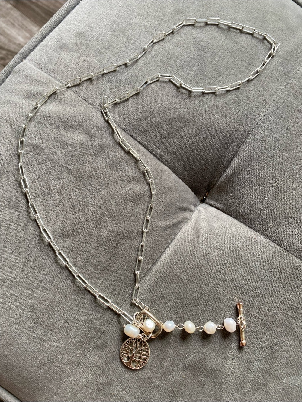 Silver Link Necklace with Pearl Accents and Tree of Life Charm